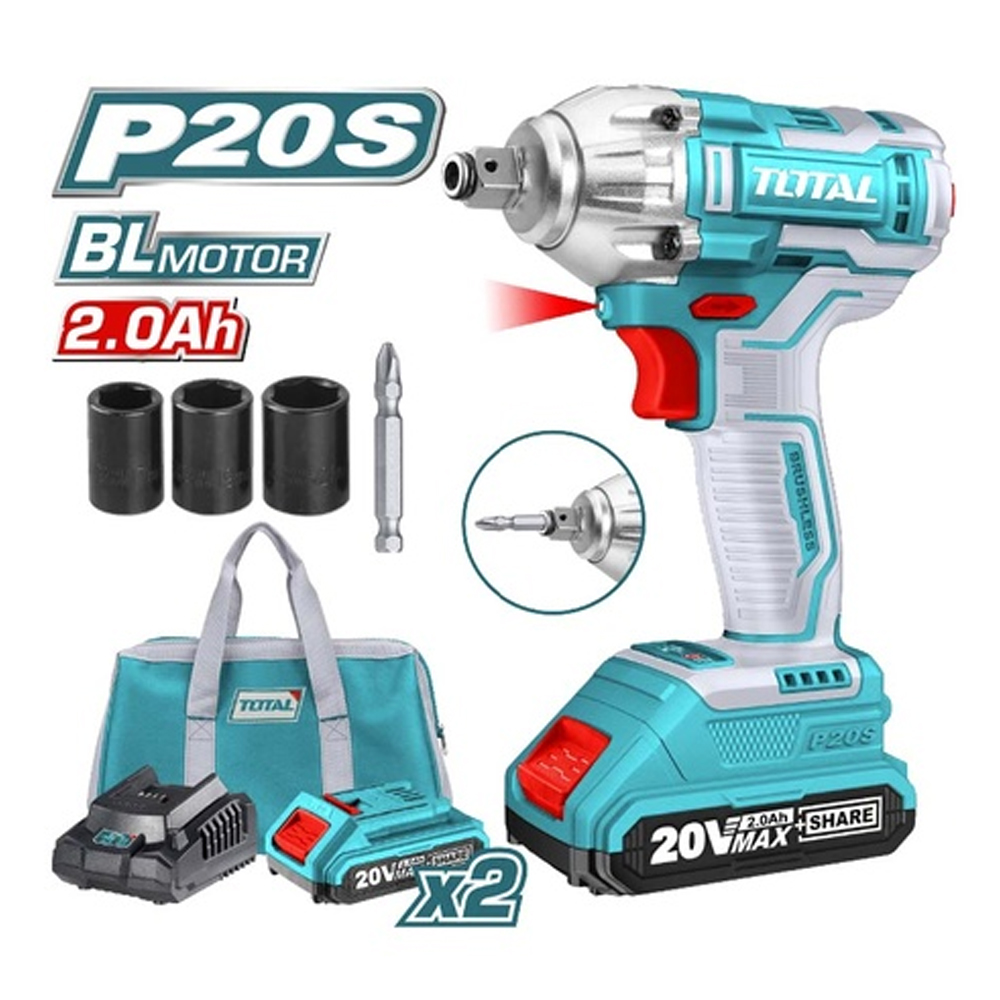 PISTOLA IMPACTO INALAMBRICA 1/2 20V INCLUYE 2 BATERIAS 1 CARGADOR COPAS DE 171921 Y PUNTA DESTORNILLADOR TOTAL(UTIWLI20208)