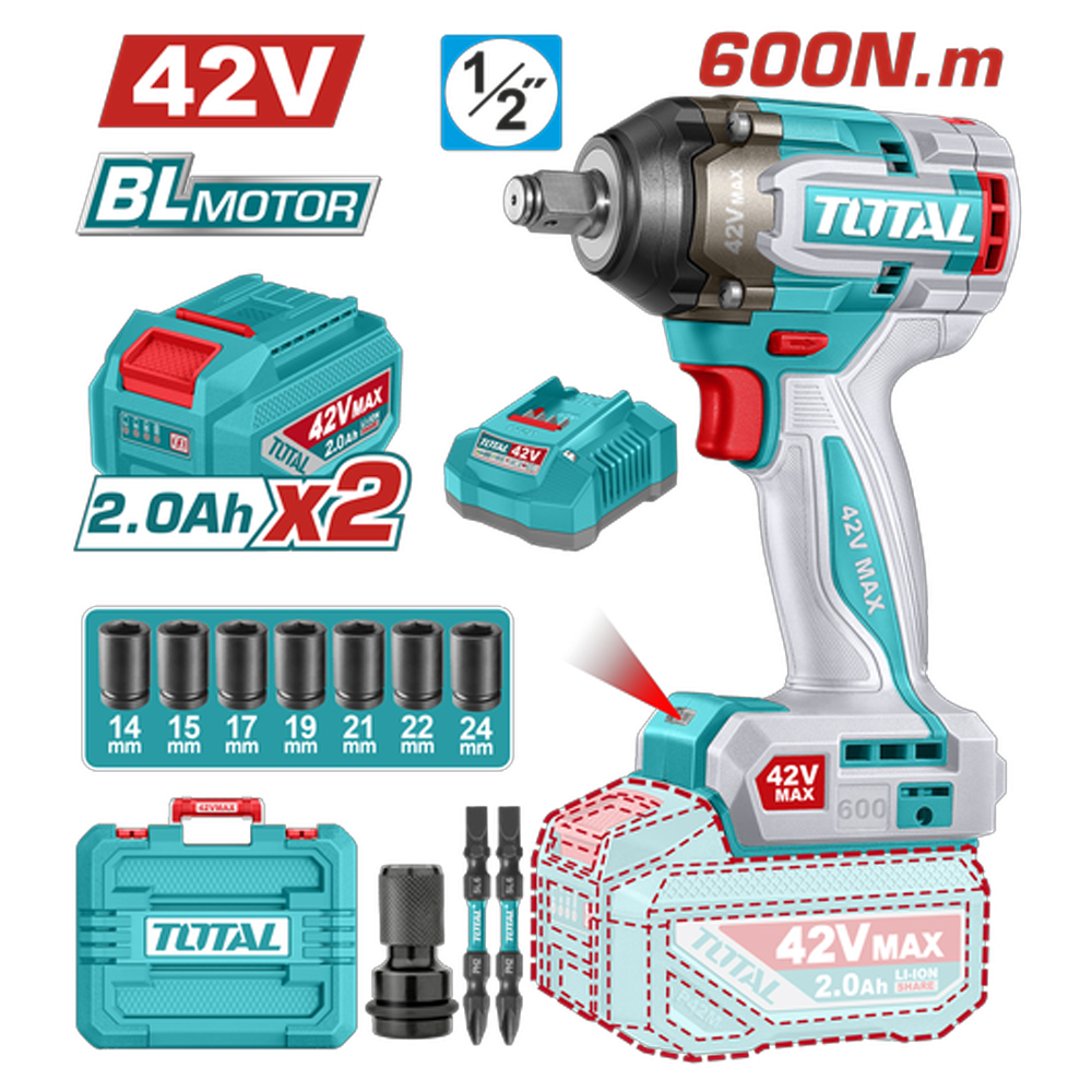 PISTOLA IMPACTO INALAMBRICA 1/2 42V 600 NM  INCLUYE 2 BATERIAS 1 CARGADOR COPAS , PUNTA DESTORNILLADOR Y ADAPTADOR INDUSTRIAL SUPER TOTAL(UTIWLI42602)