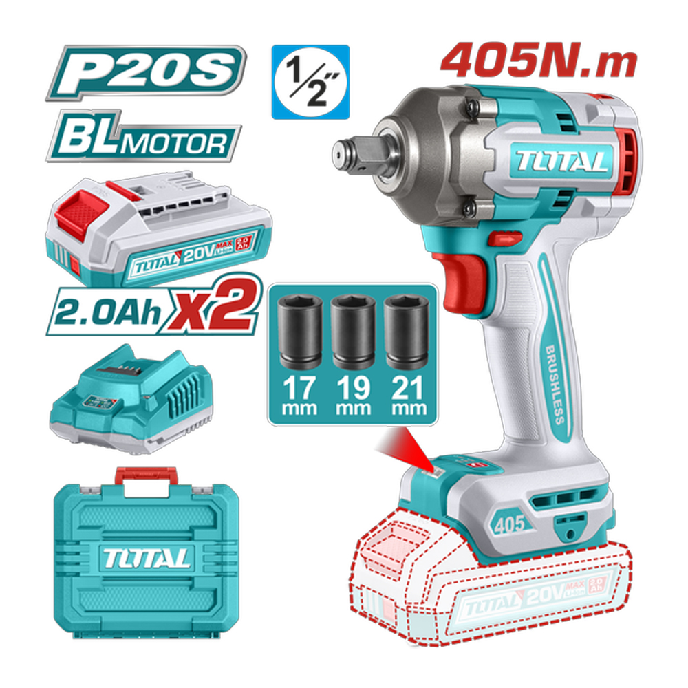 PISTOLA IMPACTO INALAMBRICA 1/2" 20V 405 NM INCLUYE  3 COPAS 17,19,21, 2 BATERIAS 1 CARGADOR INDUSTRIAL SUPER TOTAL (UTIWLI2045)