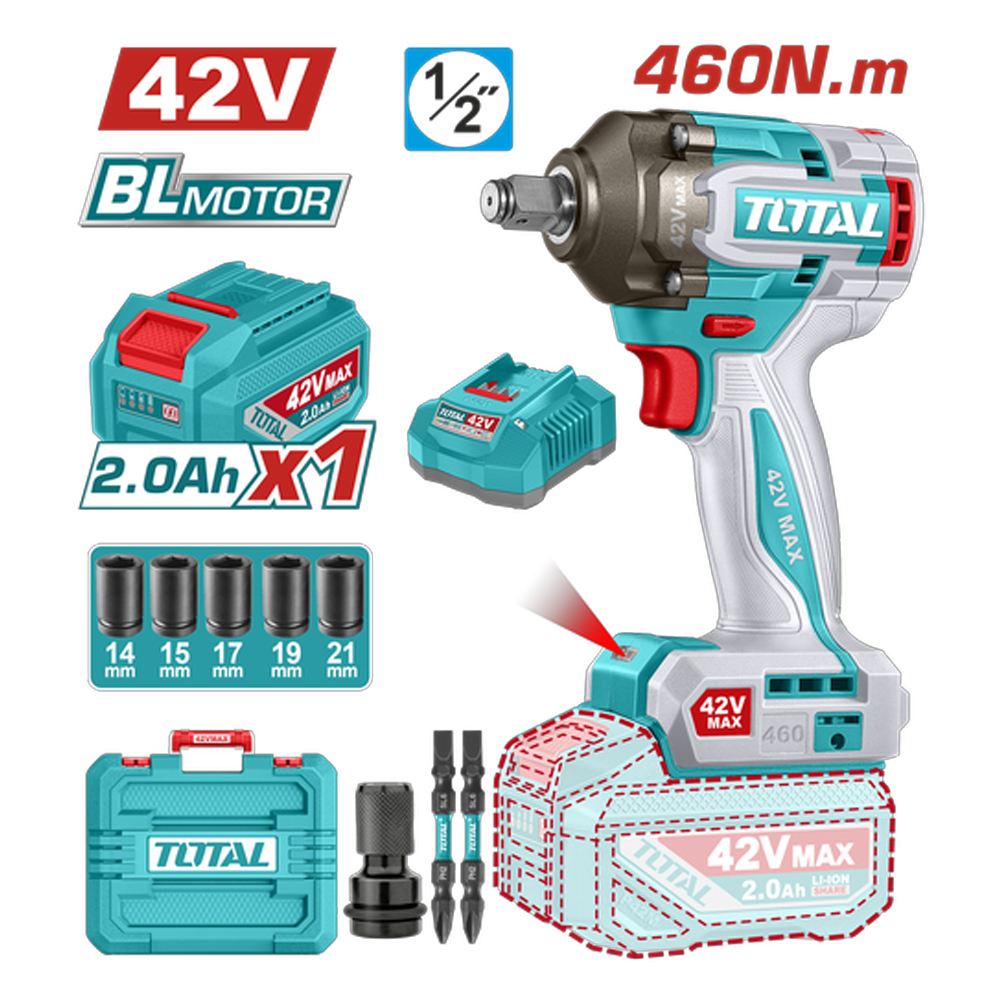 PISTOLA IMPACTO INALAMBRICA 1/2" 42V 460 NM CAJA PLASTICA INCLUYE 1 BATERIA, 1 CARGADOR Y ACCESORIOS SUPER TOTAL INDUSTRIAL (UTIWLI42461)