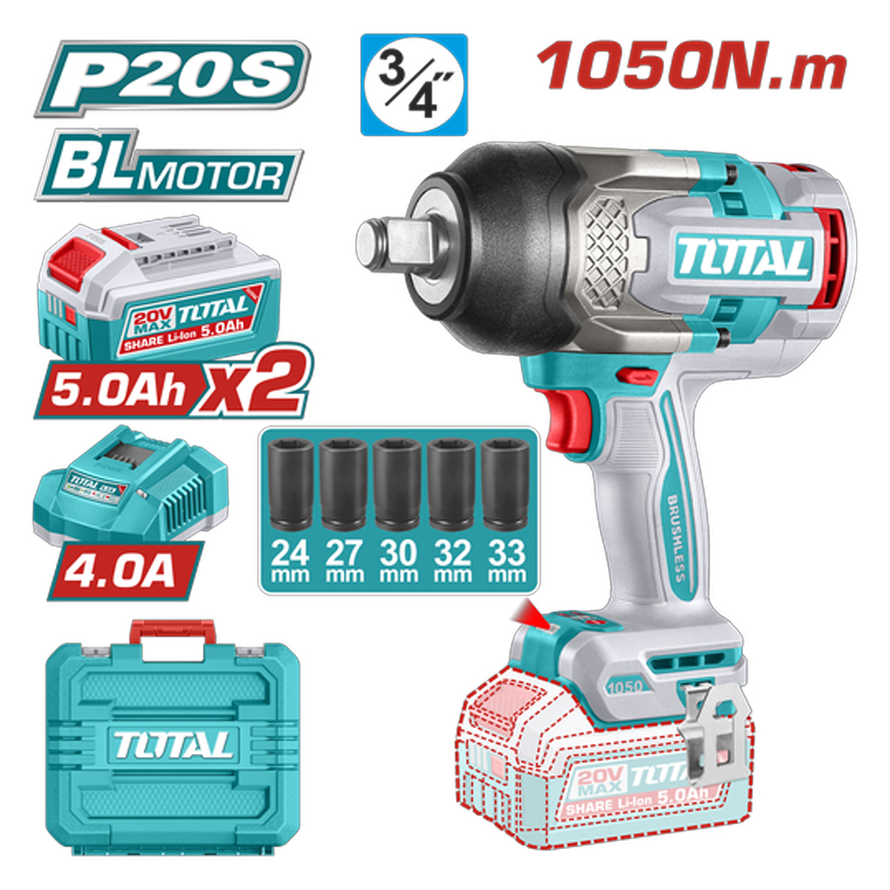 PISTOLA IMPACTO INALAMBRICA 3/4 20V 1050 NM INCLUYE 2 BATERIAS 5.0AH + CARGADOR Y  5 COPAS 24,27,30,32,33 MM,  INDUSTRIAL SUPER TOTAL (UTIWLI20105)