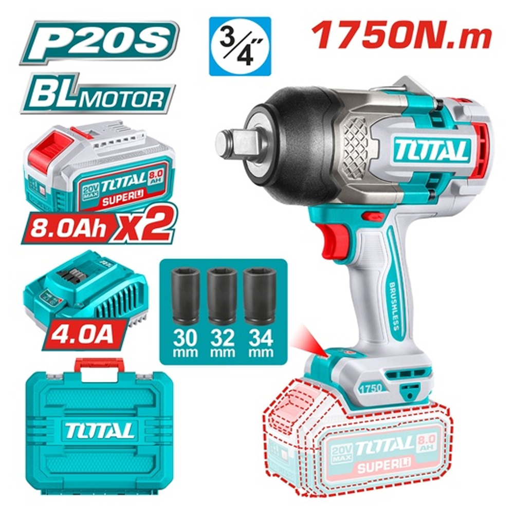 PISTOLA IMPACTO INALAMBRICA 3/4 20V 1750 NM INCLUYE 2 BATERIAS (8.0AH)  1 CARGADOR Y 3 COPAS 30,32,34 MM INDUSTRIAL TOTAL (UTIWLI20175)