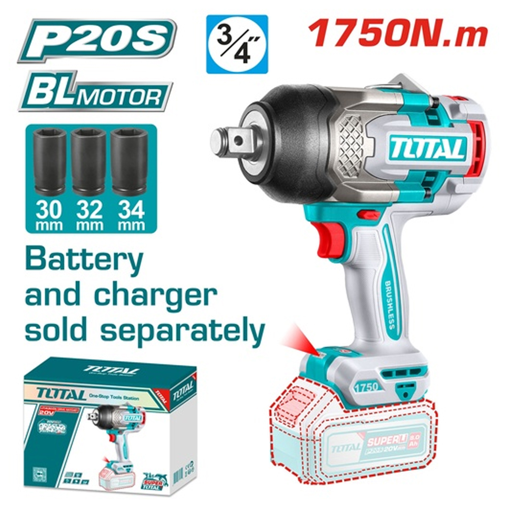 PISTOLA IMPACTO INALAMBRICA 3/4 20V 1750 NM INCLUYE COPAS 30,32,34 MM  BATERIA Y CARGADOR SE VENDEN POR SEPARADO  INDUSTRIAL SUPER TOTAL (TIWLI201751)