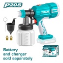 PISTOLA PINTAR INALAMBRICA 800ML 20V INCLUYE AGUJA DE LIMPIEZA Y DOS BOQUILLAS, BATERIA Y CARGADOR NO INCLUIDO TOTAL (TSGLI2003)