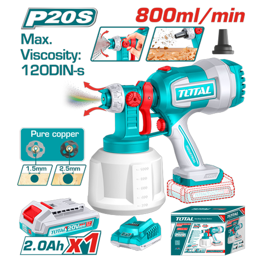 PISTOLA PINTAR INALAMBRICA 800ML 20V INCLUYE BATERIA 20V, CARGADOR, AGUJA DE LIMPIEZA Y DOS BOQUILLAS, TOTAL (UTSGLI20042)