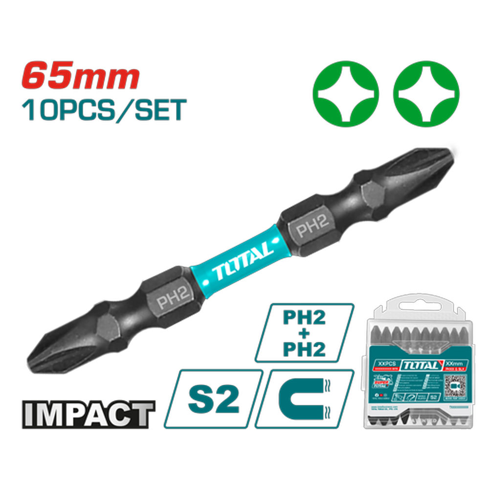 PUNTAS TALADRO INDUSTRIAL DOBLE PUNTA IMANTADA 65MM (+) (+) JUEGO X 10 PZS INDUSTRIAL SUPER TOTAL (TACIM16PH233)
