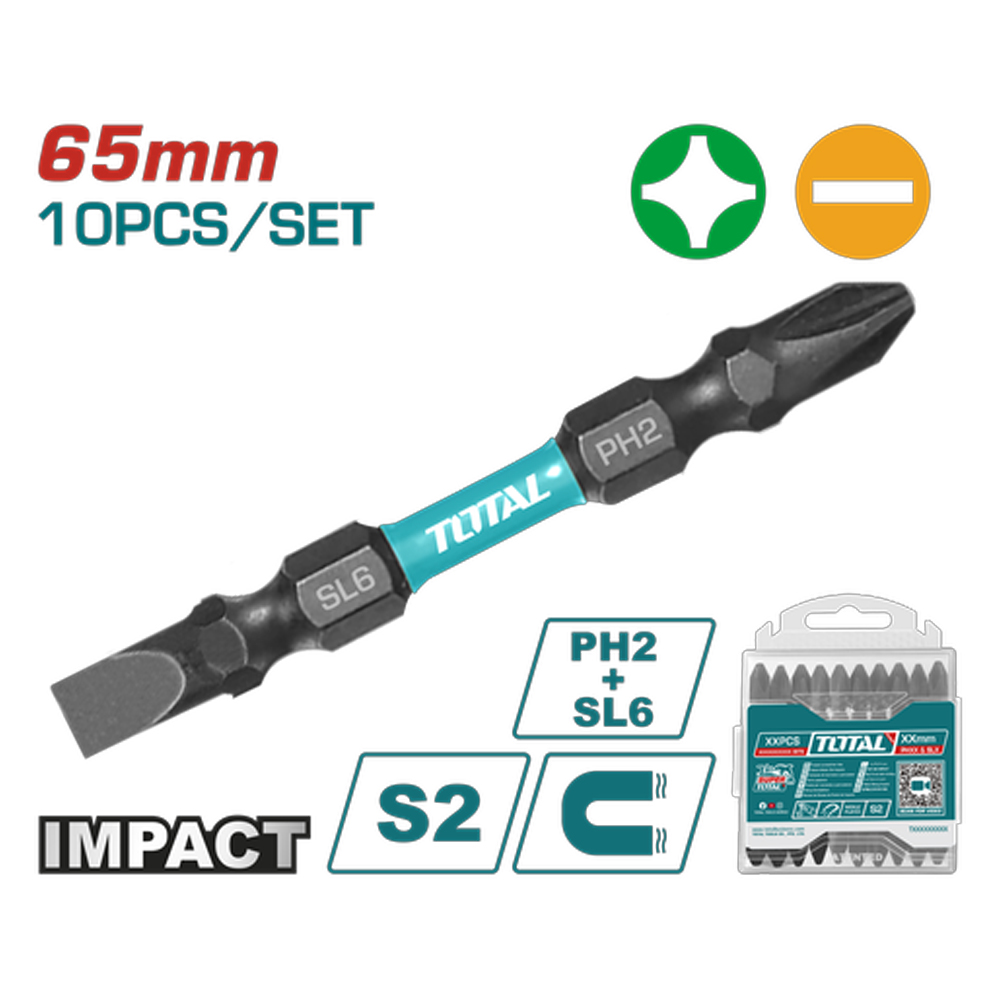 PUNTAS TALADRO INDUSTRIAL DOBLE PUNTA IMANTADA 65MM (+) (-) JUEGO X 10 PZS INDUSTRIAL  SUPER TOTAL (TACIM16HL133)