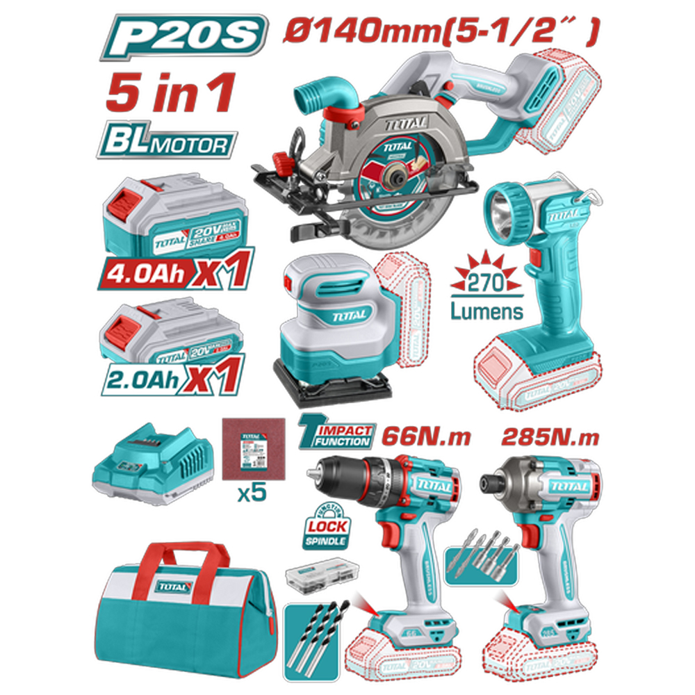 COMBO INALAMBRICO 20V  SIERRA CIRCULAR INALAMBRICA 5-1/2 + TALADRO PERCUTOR ATORNILLADOR 1/2 20V 66 NM + ATORNILLADOR DE IMPACTO 1/4" 285 NM + LIJADORA DE PALMA 4 3/8"X 4" + LINTERNA 270 LUMENES + 1 BATERIA 4.0 AH + 1 BATERIA 2.0 AH + CARGADOR INCLUYE ACCESORIOS INDUSTRIAL SUPER TOTAL (UTOSLI241081)