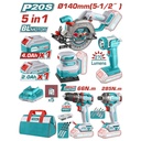 COMBO INALAMBRICO 20V  SIERRA CIRCULAR INALAMBRICA 5-1/2 + TALADRO PERCUTOR ATORNILLADOR 1/2 20V 66 NM + ATORNILLADOR DE IMPACTO 1/4" 285 NM + LIJADORA DE PALMA 4 3/8"X 4" + LINTERNA 270 LUMENES + 1 BATERIA 4.0 AH + 1 BATERIA 2.0 AH + CARGADOR INCLUYE ACCESORIOS INDUSTRIAL SUPER TOTAL (UTOSLI241081)