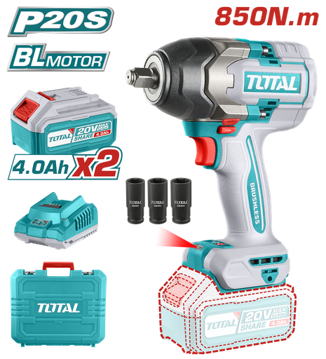PISTOLA IMPACTO INALAMBRICA 1/2" 20V 850NM INCLUYE 2 BATERIAS 1 CARGADOR INDUSTRIAL SUPER TOTAL (UTIWLI2085)