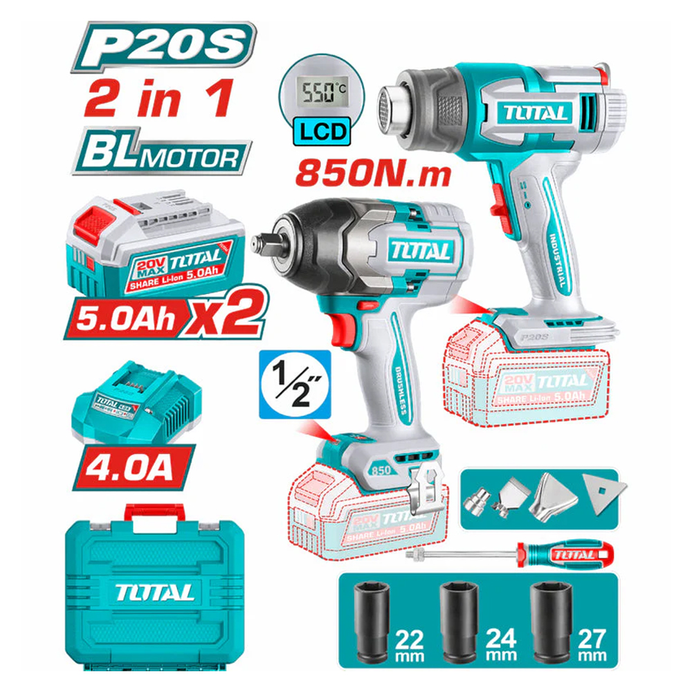COMBO INALAMBRICO 20V PISTOLA IMPACTO 1/2 850NM + COPAS (22-24-27) +  PISTOLA CALOR INALAMBRICA  20V CON TEMPERATURA AJUSTABLE PANTALLA LCD INCLUYE 4 BOQUILLAS 1 RASCADOR + 2 BATERIAS 5.0AH Y CARGADOR INDUSTRIAL SUPER TOTAL (UTOSLI250983)