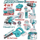 COMBO INALAMBRICO 20V TALADRO PERCUTOR ATORNILLADOR 1/2  66NM + SOPLADORA + PULIDORA  4 1/2 INDUSTRIAL 20V 1000W + LAMPARA DE TRABAJO 2000 LUMENES + 2 BATERIAS 4.0AH + CARGADOR INCLUYE ACCESORIOS INDUSTRIAL SUPER TOTAL (UTOSLI250993)