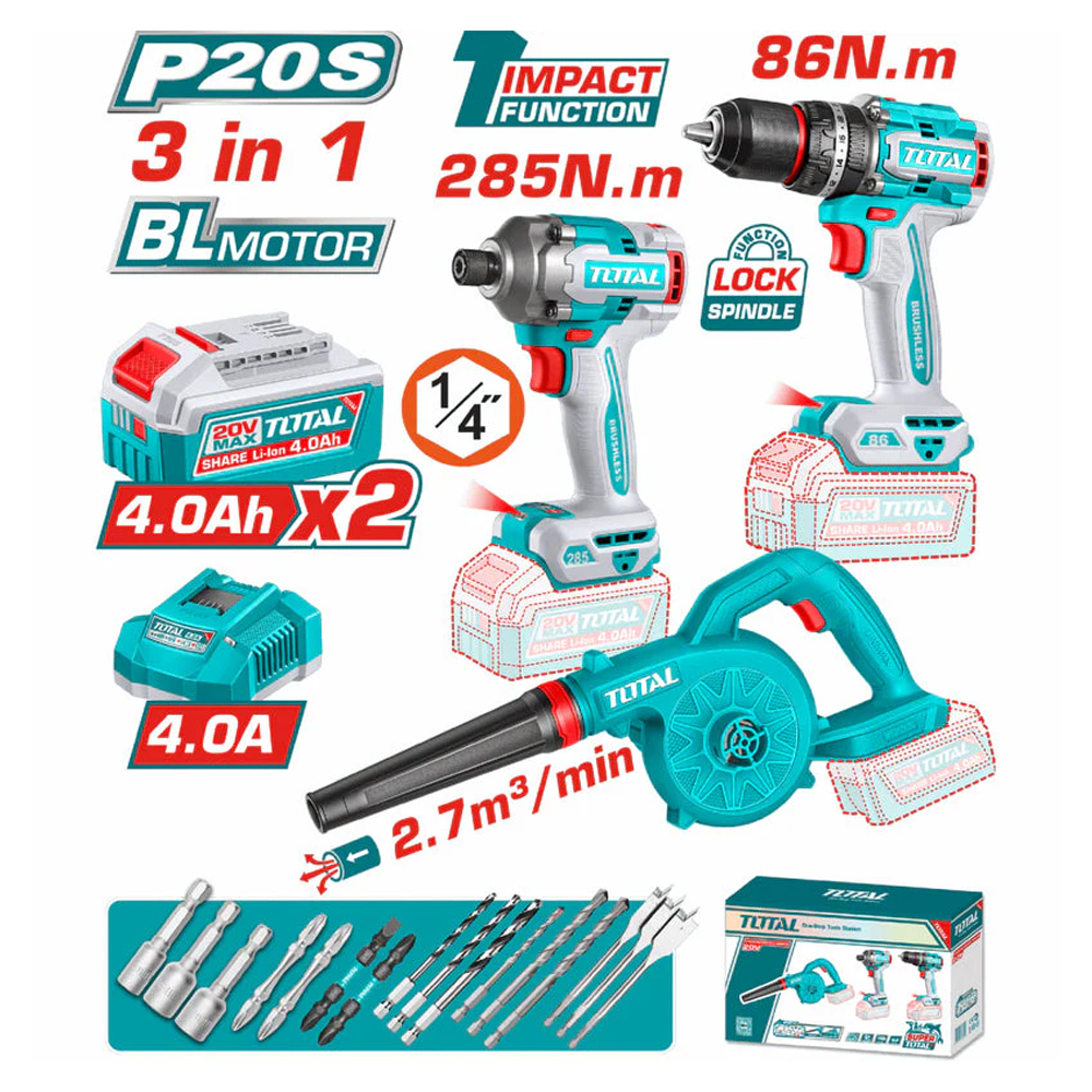 COMBO INALAMBRICO 20V TALADRO PERCUTOR ATORNILLADOR 1/2  86NM + ATORNILLADOR DE IMPACTO  1/4 285NM + SOPLADOR + 2 BATERIAS 2.0AH Y CARGADOR INCLUYE ACCESORIOS  INDUSTRIAL SUPER TOTAL(UTOSLI250883)