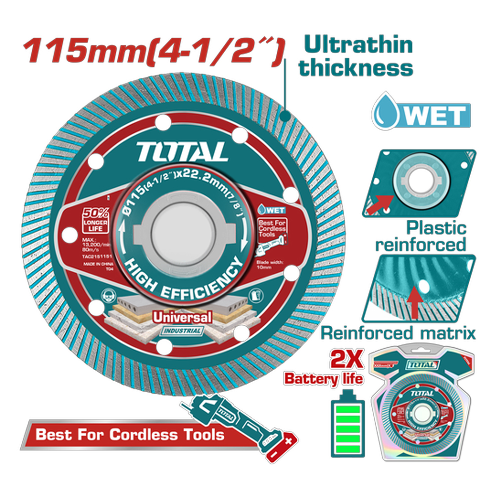 DISCO DIAMANTADO CONTINUO 4 1/2"  CORTE BALDOSA,MARMOL, CERAMICA INDUSTRIAL SUPER TOTAL (TAC2151151)