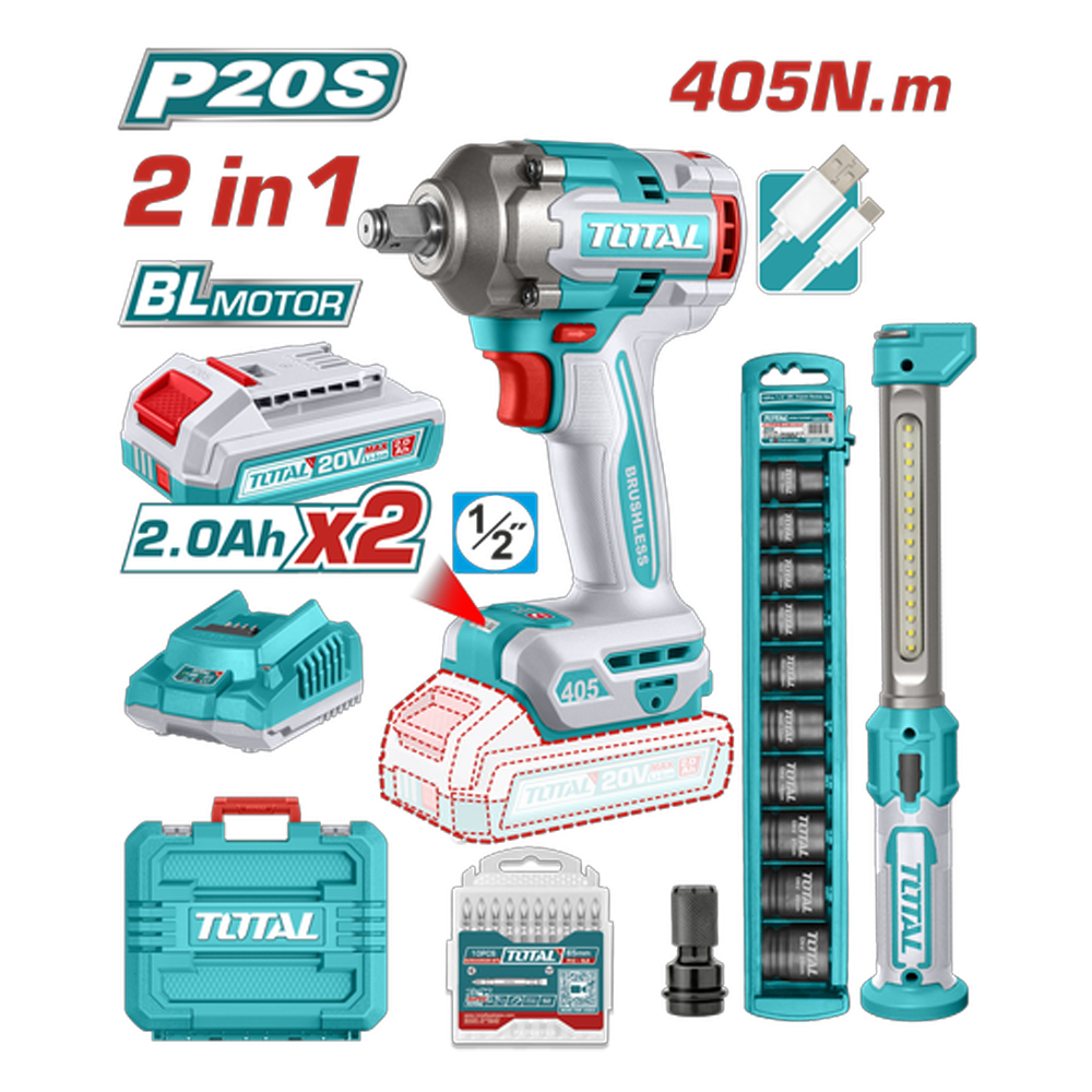 COMBO INALAMBRICO 20V PISTOLA IMPACTO INALAMBRICO 1/2 405NM + LAMPARA DE TRABAJO 300 LUMENES RECARGABLE + 10 COPAS 1/2 (10-24MM)+ ADAPTADOR DE 1/2 A 1/4 + 2  BATERIA 2.0 AH + ACCESORIOS  Y  SUPER TOTAL (UTOSLI23056)