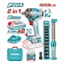 COMBO INALAMBRICO 20V PISTOLA IMPACTO INALAMBRICO 1/2 405NM + LAMPARA DE TRABAJO 300 LUMENES RECARGABLE + 10 COPAS 1/2 (10-24MM)+ ADAPTADOR DE 1/2 A 1/4 + 2  BATERIA 2.0 AH + ACCESORIOS  Y  SUPER TOTAL (UTOSLI23056)