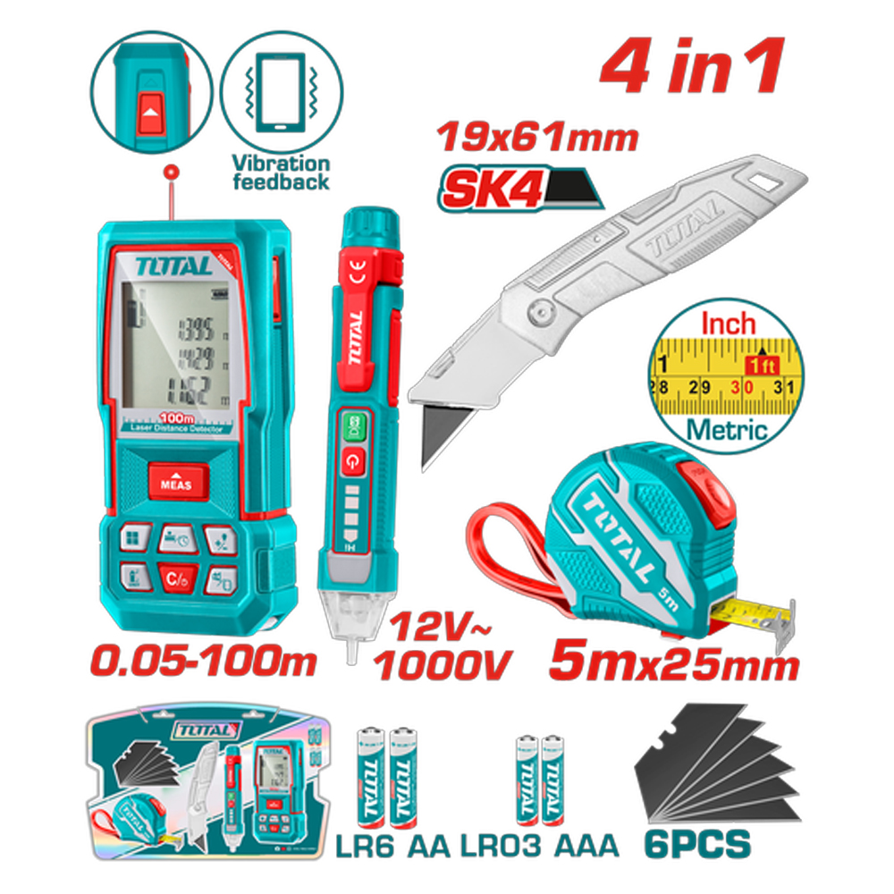 KIT PROBADOR DE CORRIENTE 12V-1000V + MEDIDOR DE DISTANCIAS LASER 100MTS  + METRO 5 MTS + BISTURI NAVAJA 19X 61MM INDUSTRIAL INCLUYE 6 HOJAS DE REPUESTO INDUSTRIAL SUPER TOTAL (TOS250701)