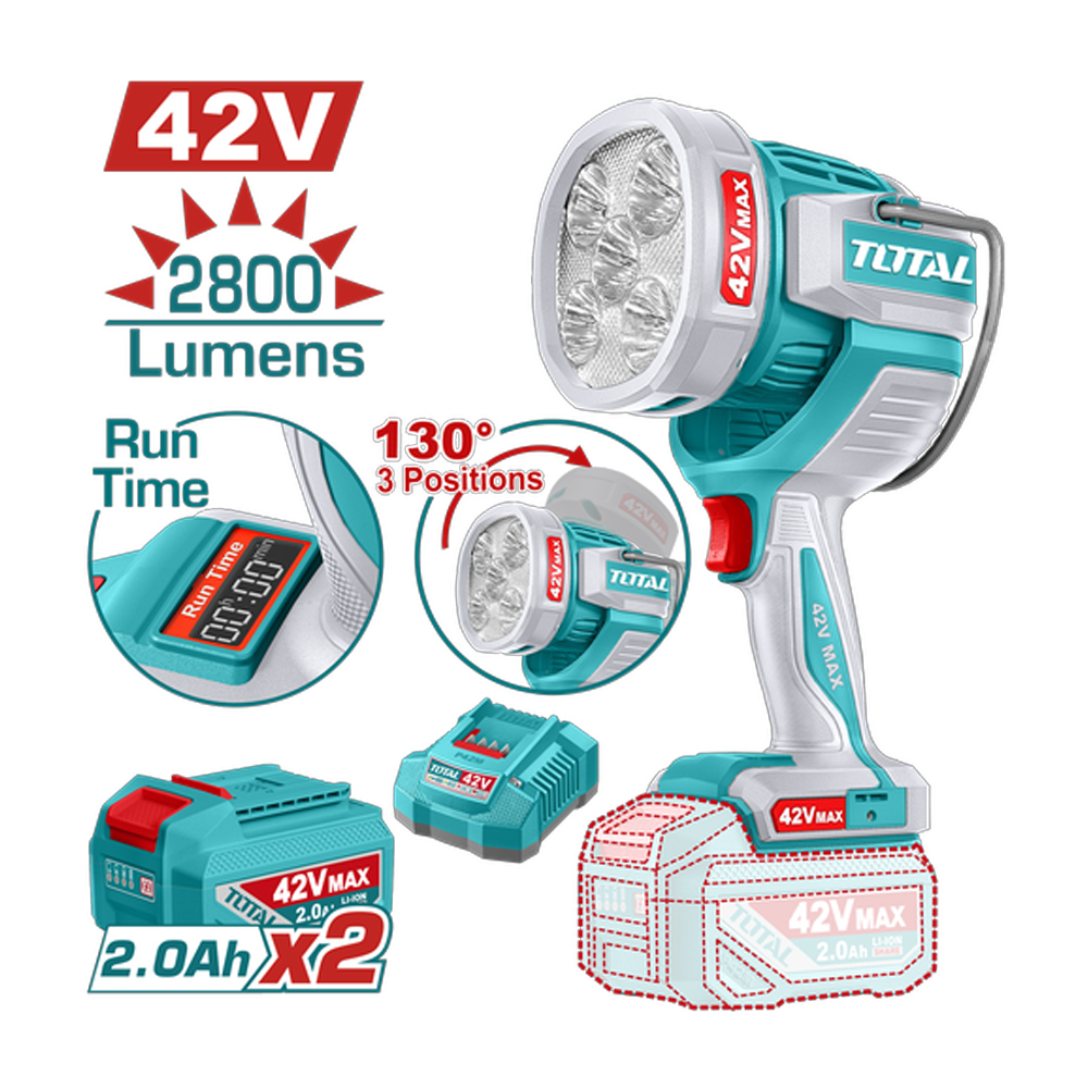 LAMPARA DE TRABAJO 42V 2800 LUMENES INCLUYE  BATERIAS 2.0AH Y CARGADOR INDUSTRIAL SUPER TOTAL (UTWLI42896)