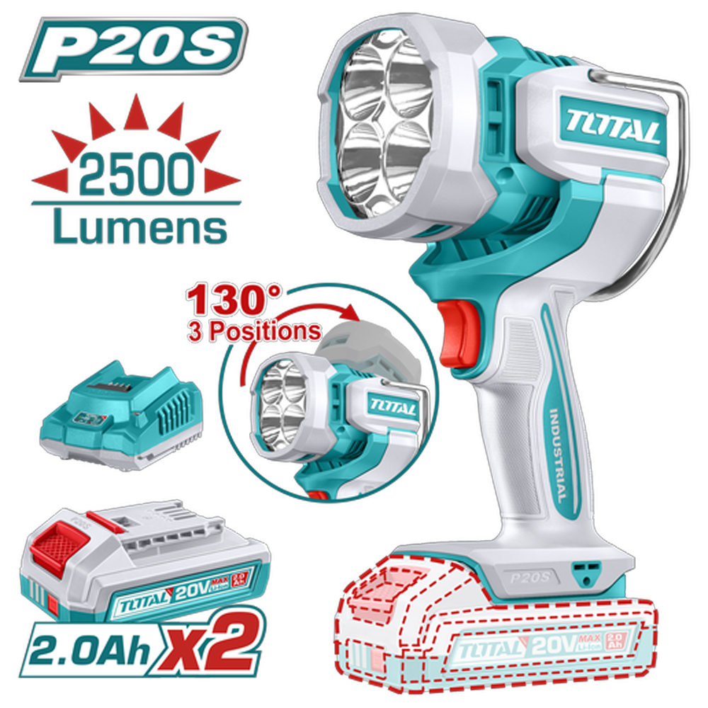 LAMPARA DE TRABAJO INALAMBRICA 20V 2500 LUMENES INCLUYE 2 BATERIAS 2.0 AH Y CARGADOR INDUSTRIAL SUPER TOTAL (UTWLI20887)