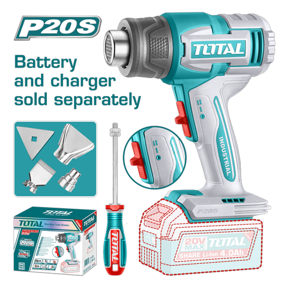PISTOLA CALOR INALAMBRICA  20V CON TEMPERATURA AJUSTABLE  INCLUYE 4 BOQUILLAS 1 RASCADOR BATERIA Y CARGADOR NO INCLUIDO  INDUSTRIAL SUPER TOTAL (TBLI2006)