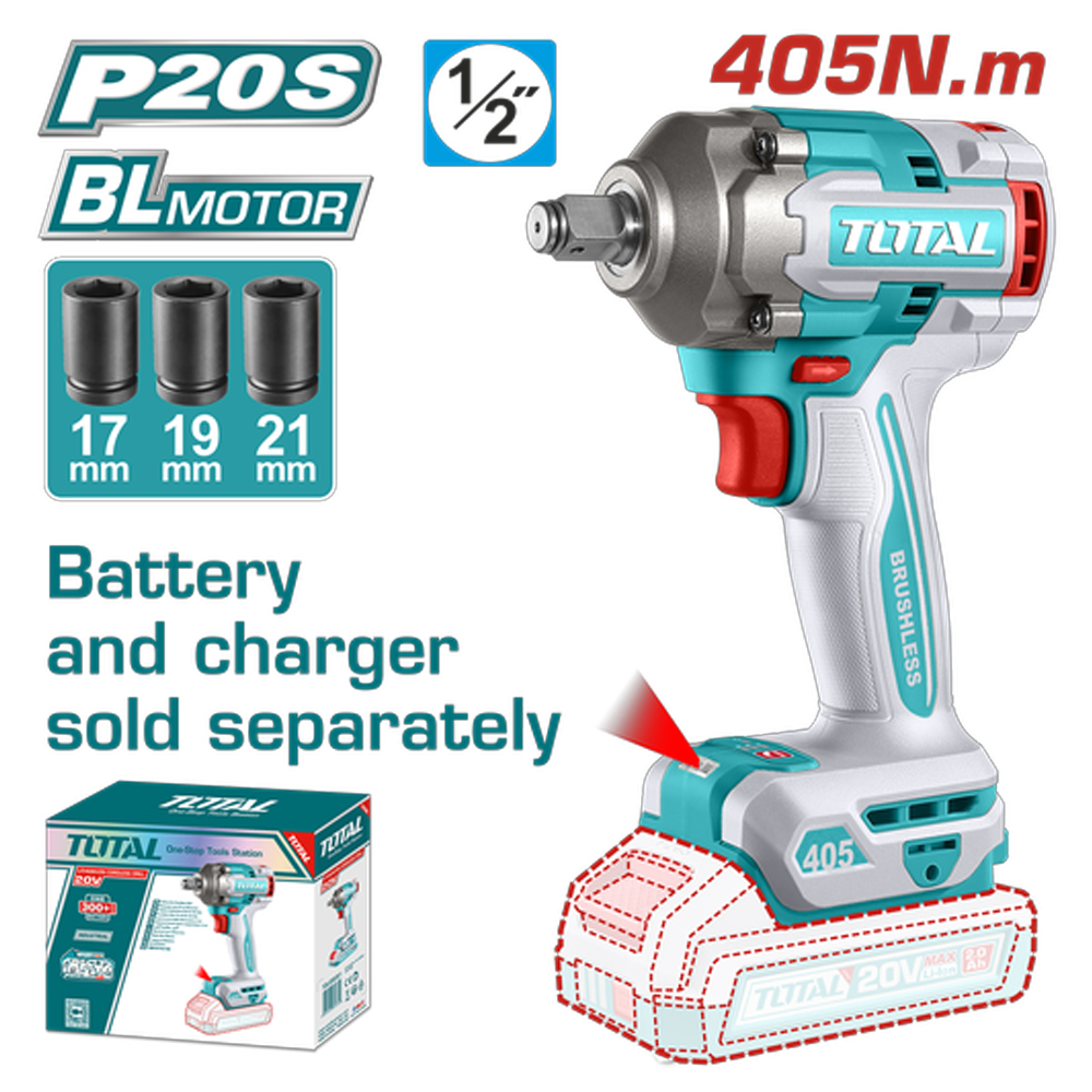 PISTOLA IMPACTO INALAMBRICA 1/2 20V 405NM INCLUYE 3 COPAS 17,19,21,  BATERIA Y CARGADOR SE VENDEN POR SEPARADO  INDUSTRIAL SUPER TOTAL (TIWLI20451)