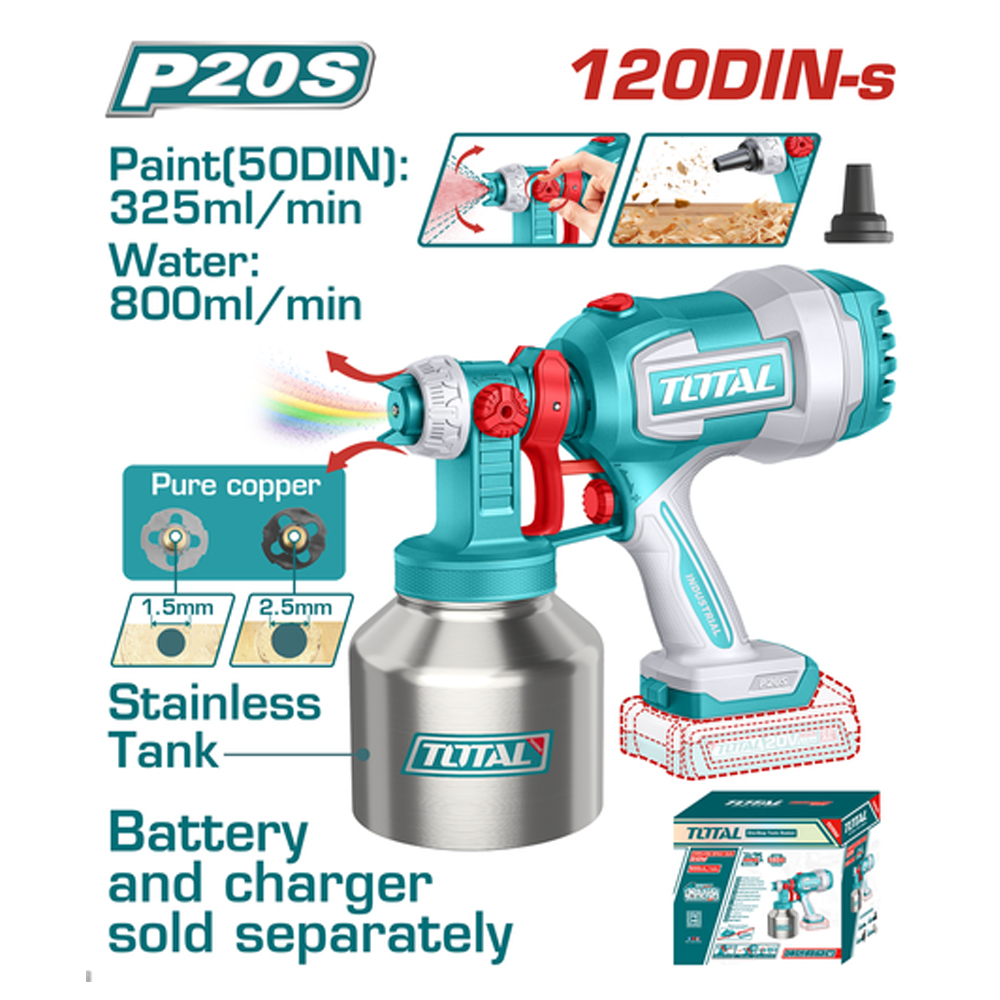 PISTOLA PINTAR INALAMBRICA 800ML 20V VASO METALICO INCLUYE AGUJA DE LIMPIEZA Y DOS BOQUILLAS, BATERIA Y CARGADOR NO INCLUIDO SUPER TOTAL (TSGLI20041)