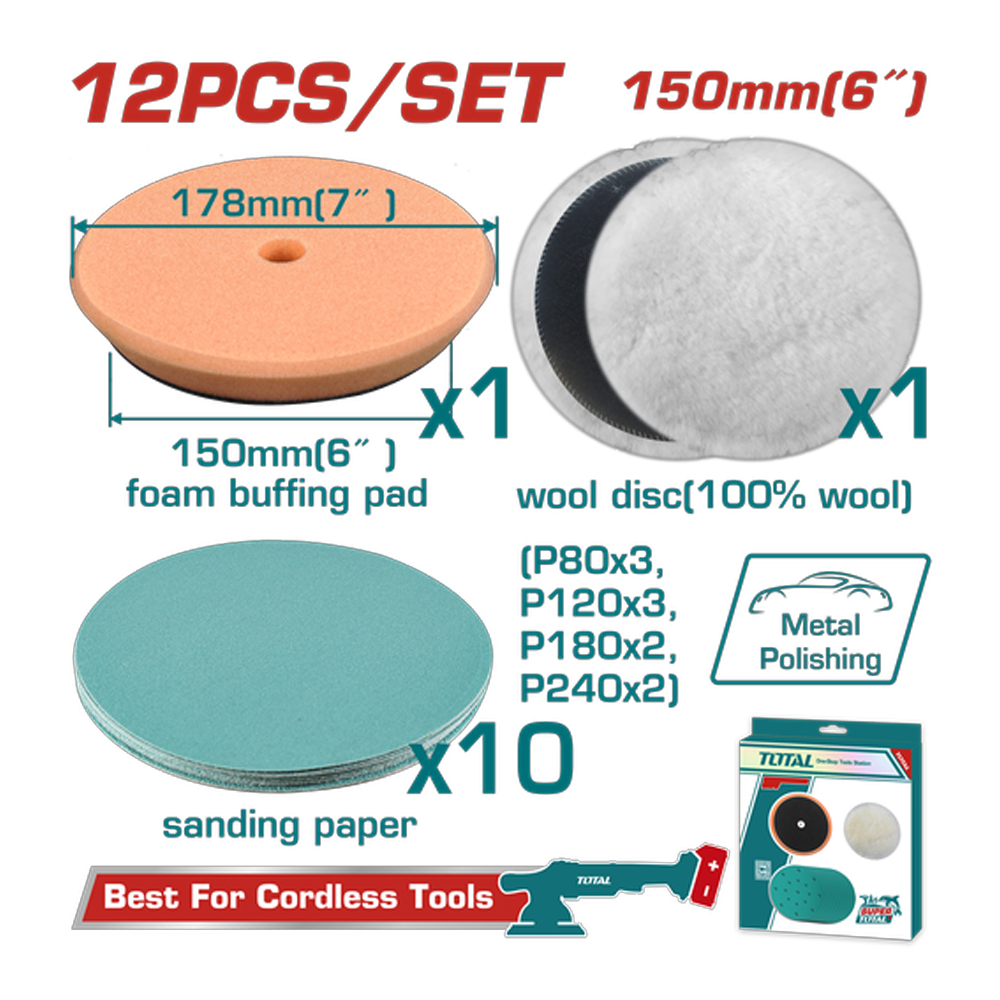 SET DE ALMOHADILLA PARA POLICHADORA 6" (LIJA-ALGODÓN-ESPUMA) X 12 PZS INDUSTRIAL TOTAL (TAC15012)