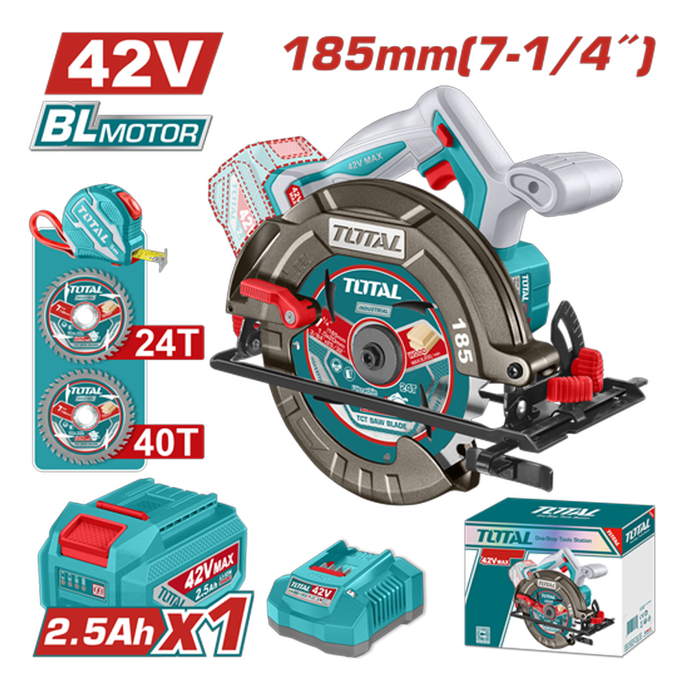 SIERRA CIRCULAR INALAMBRICA 42V 7-1/4" INCLUYE 1 BATERIA 2.5AH, CARGADOR Y ACCESORIOS INDUSTRIAL SUPER TOTAL (UTSLI4218511)