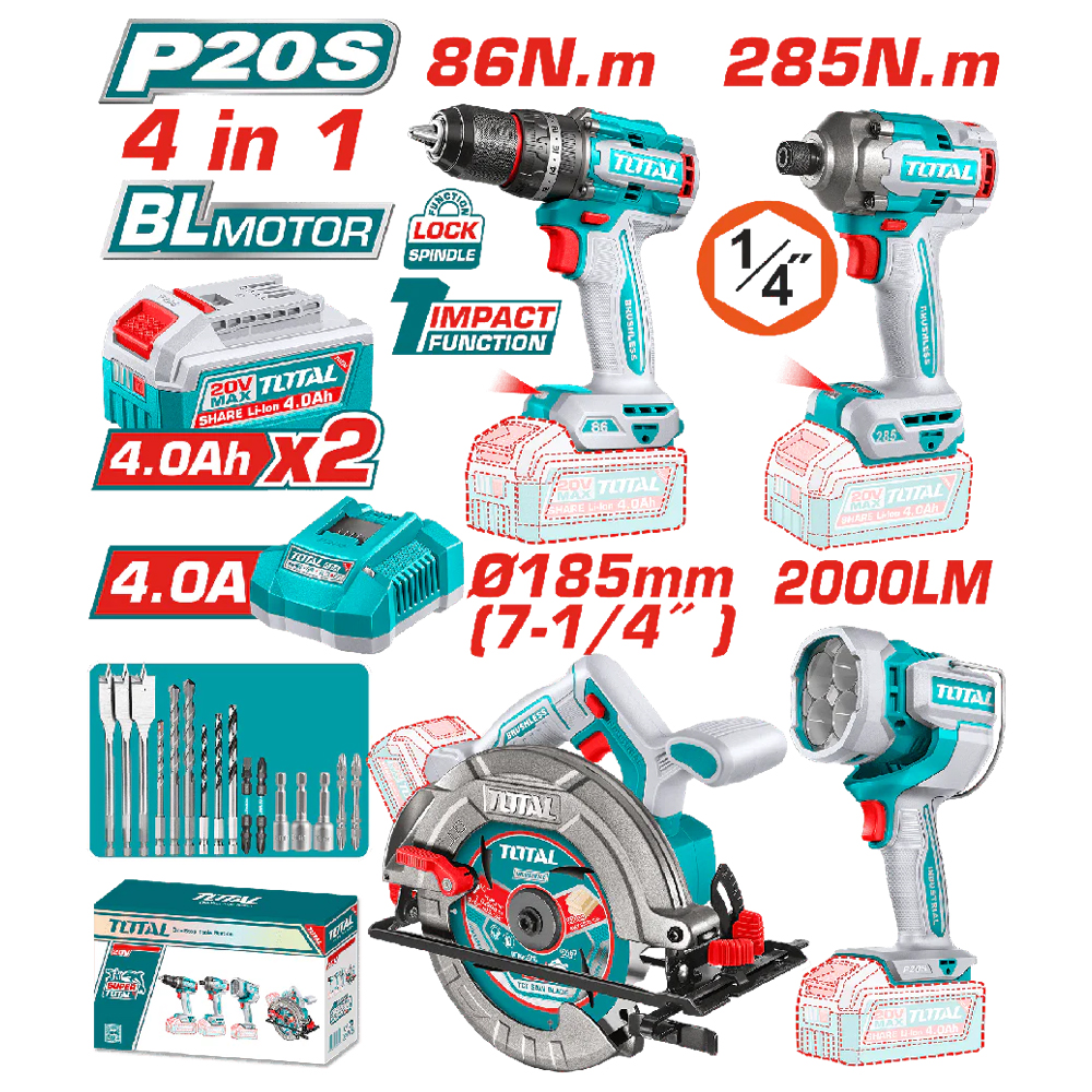 COMBO INALAMBRICO 20V TALADRO PERCUTOR 1/2" 86NM + ATORNILLADOR DE IMPACTO 1/4" 285NM + SIERRA CIRCULAR  7-1/4" + LAMPARA DE TRABAJO 2000 LUMENES + 2 BATERIAS 4.0AH + CARGADOR INCLUYE ACCESORIOS  (UTOSLI251082)