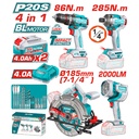 COMBO INALAMBRICO 20V TALADRO PERCUTOR 1/2" 86NM + ATORNILLADOR DE IMPACTO 1/4" 285NM + SIERRA CIRCULAR  7-1/4" + LAMPARA DE TRABAJO 2000 LUMENES + 2 BATERIAS 4.0AH + CARGADOR INCLUYE ACCESORIOS  (UTOSLI251082)