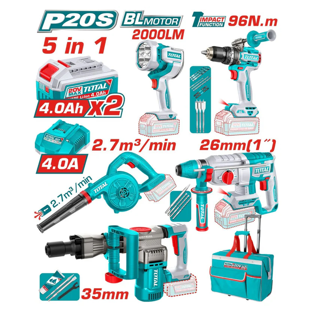 COMBO INALAMBRICO 20V TALADRO ROTOMARTILLO 1" 20V SDS PLUS 2,5 JULES +  DEMOLEDOR SDS HEX  16JULES + SOPLADORA +  TALADRO DE IMPACTO 1/2" 96NM + LAMPARA DE TRABAJO 2000 LUMENES + 2 BATERIAS 4.0AH + CARGADOR INCLUYE ACCESORIOS (UTOSLI251083)