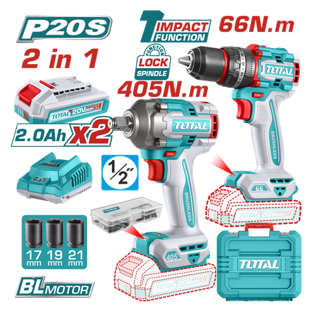 COMBO INALAMBRICO TALADRO 1/2" 66 N.M + PISTOLA IMPACTO 1/2" 20V 405 N.M  INCLUYE 2 BATERIAS 2.0AH , 1 CARGADOR Y ACCESORIOS SUPER TOTAL (UTCKLI20286)