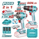 COMBO INALAMBRICO TALADRO 1/2" 66 N.M + PISTOLA IMPACTO 1/2" 20V 405 N.M  INCLUYE 2 BATERIAS 2.0AH , 1 CARGADOR Y ACCESORIOS SUPER TOTAL (UTCKLI20286)