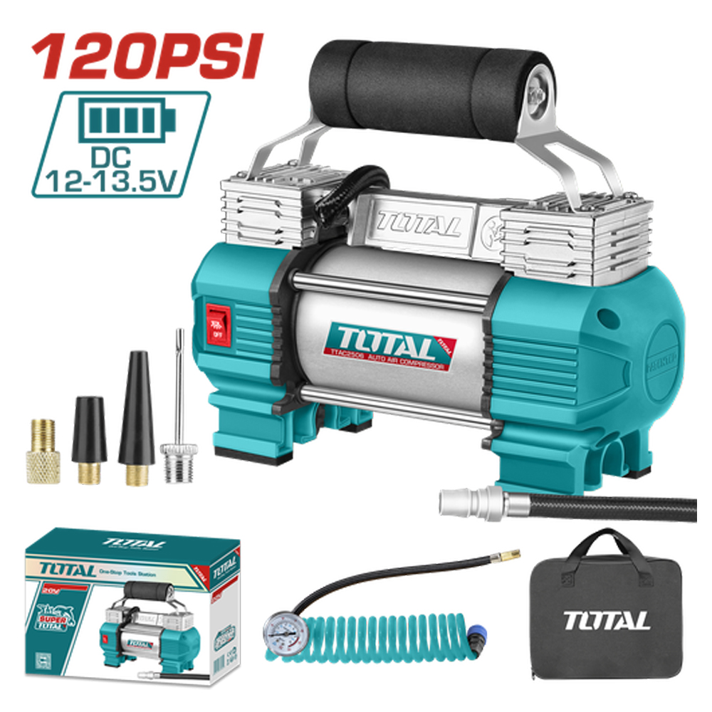 COMPRESOR MINI  20V 120 PSI 8.27BAR INCLUYE 4 ADAPATADORES  PARA CARRO  BATERIA Y CARGADOR SE VENDEN POR SEPARADO INDUSTRIAL SUPER TOTAL (TTAC2506)