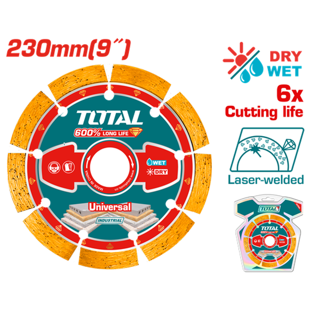 DISCO DIAMANTADO SEGMENTADO 9" UNIVERSAL CORTE EN SECO Y HUMEDO INDUSTRIAL SUPER TOTAL (TAC2172301)