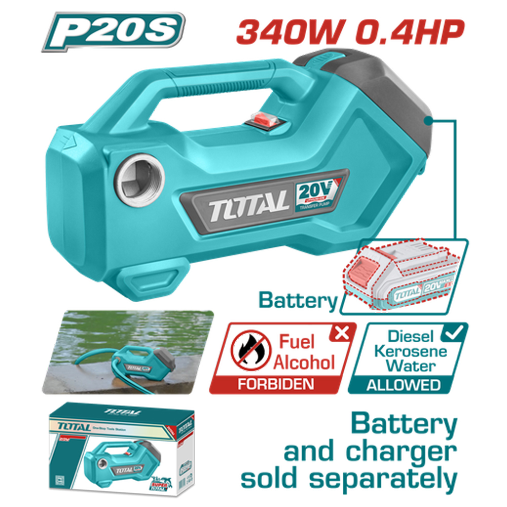 ELECTROBOMBA INALAMBRICA 20V 0.4HP 340W 48L/MIN  3/4'' BATERIA Y CARGADOR SE VENDEN POR SEPARADO  SUPER TOTAL (TTPLI2001)