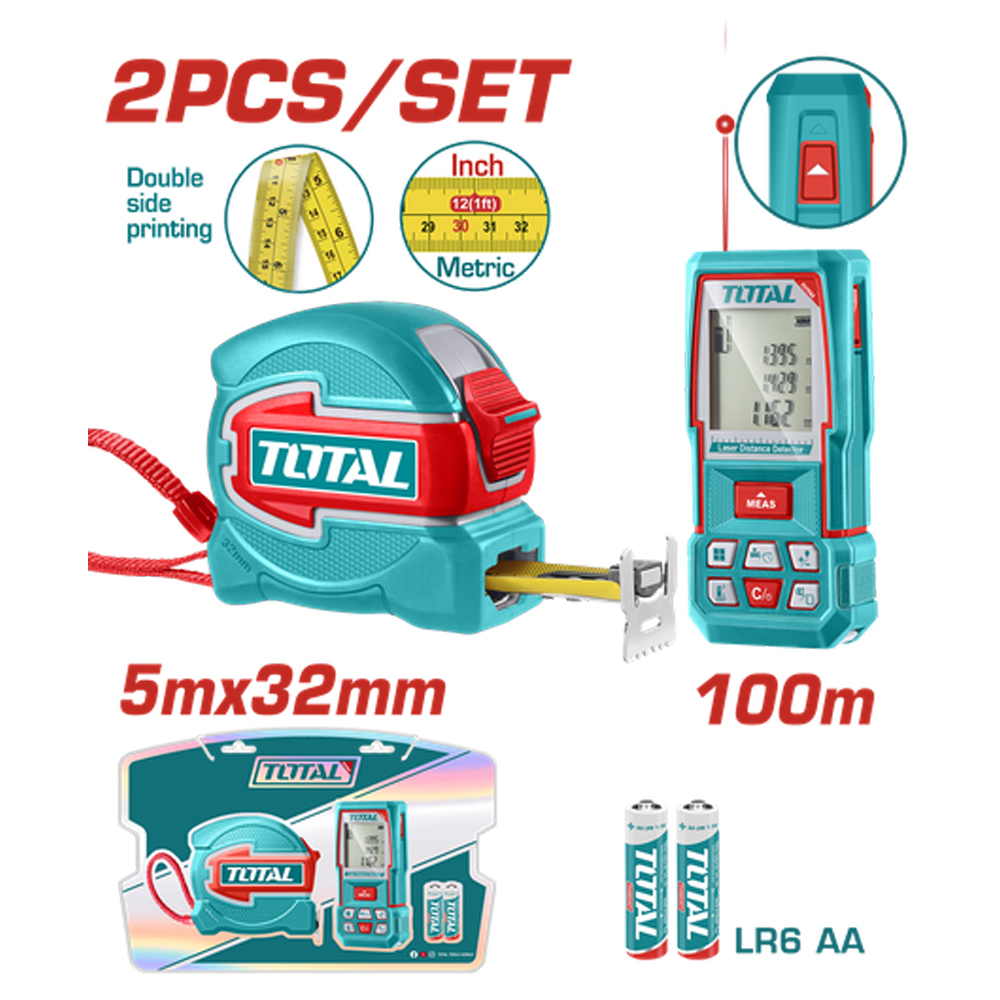 KIT MEDIDOR DE DISTANCIAS LASER 100MTSMEDIDOR DE DISTANCIAS LASER 100MTS + METRO 5 MTS HOJA 32MM INDUSTRIAL SUPER TOTAL (TOS250902)