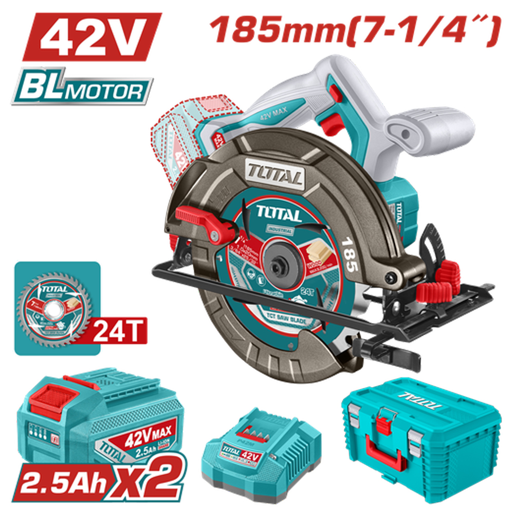 SIERRA CIRCULAR INALAMBRICA 42V 7-1/4" INCLUYE 2 BATERIA 2.5AH, CARGADOR + DISCO DE CORTE 24T  CAJA PLASTICA INDUSTRIAL SUPER TOTAL (UTSLI4218512)