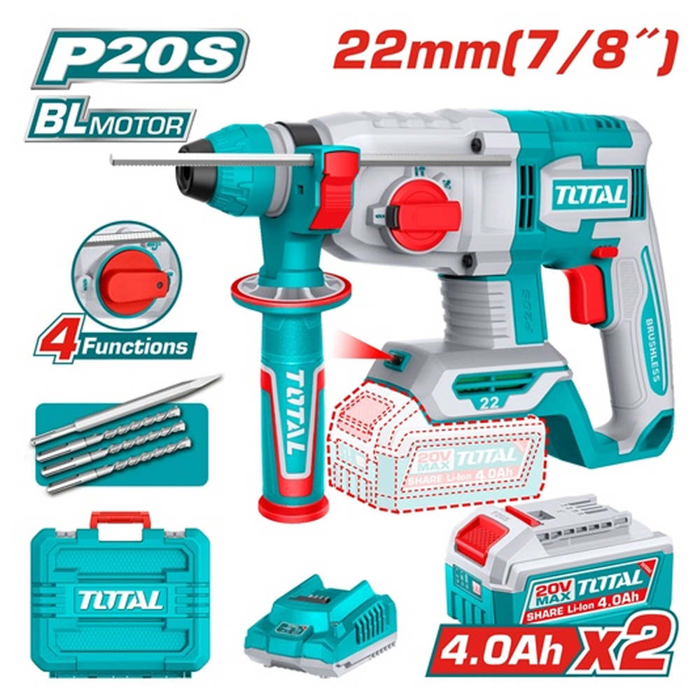 TALADRO ROTOMARTILLO 7/8"  20V SDS PLUS 2.0 JULES INCLUYE 2 BATERIA 4.0AH,1 CARGADOR Y 4 ACCESORIOS INDUSTRIAL  SUPER TOTAL (UTRHLI212282)