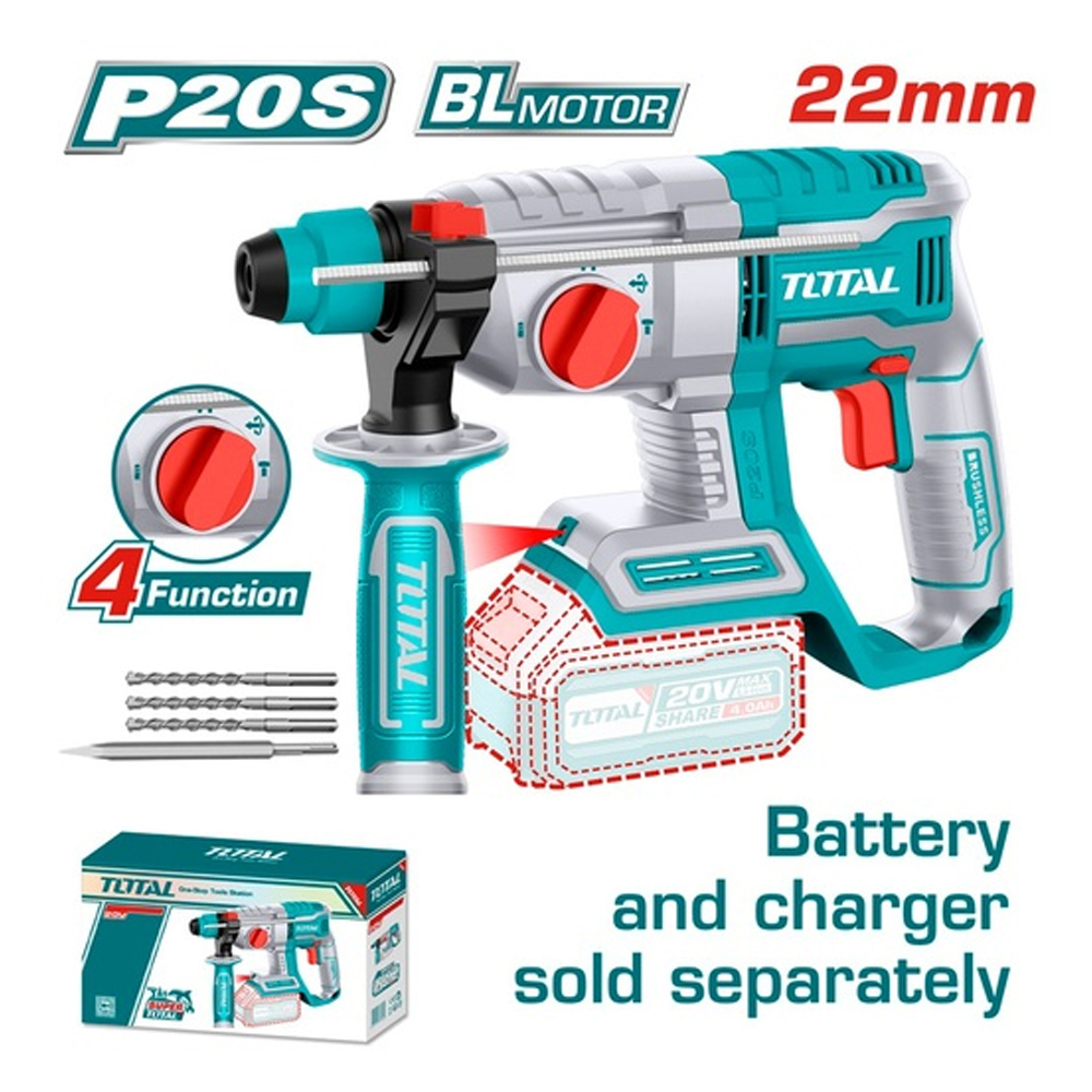TALADRO ROTOMARTILLO INALAMBRICO SDS PLUS 20V 2.0 JOULES INDUSTRIAL INCLUYE 3 BROCAS Y 1 CINCEL BATERIA Y CARGADOR NO INCLUIDO TOTAL (TRHLI20208)