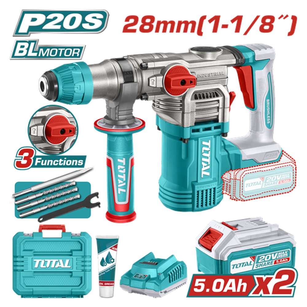 TALADRO ROTOMARTILLO SDS PLUS  4.5 JULES INCLYE  2 BATERIAS 5.0 AH, 1 CARGADOR  Y ACCESORIOS INDUSTRIAL SUPER TOTAL (UTRHLI202885)