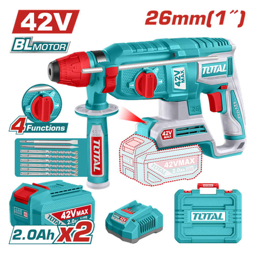 TALADRO ROTOMARTILLO SDS PLUS 42V  2.5 JULES INCLYE  2 BATERIAS 2.0 AH, 1 CARGADOR  Y ACCESORIOS INDUSTRIAL SUPER TOTAL (UTRHLI422682)