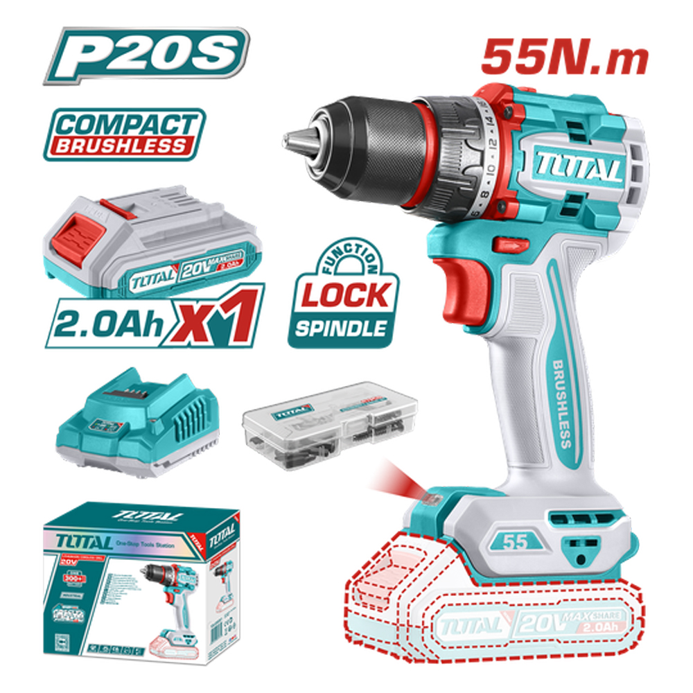 TALADRO ATORNILLADOR INALAMBRICO 1/2 20V 55NM INCLUYE 1 BATERIA DE 2.0AH, CARGADOR,47 ACCESORIOS TOTAL (UTDLI205582)