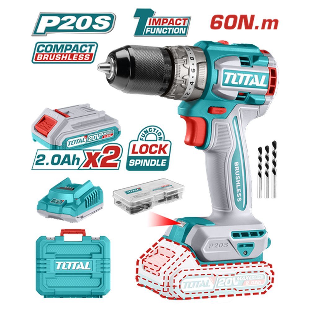 TALADRO DE IMPACTO INALAMBRICO 1/2 20V 60NM INCLUYE 2 BATERIA DE 2.0AH, CARGADOR,47 ACCESORIOS,3 BROCAS CONCRETO TOTAL (UTIDLI20602)