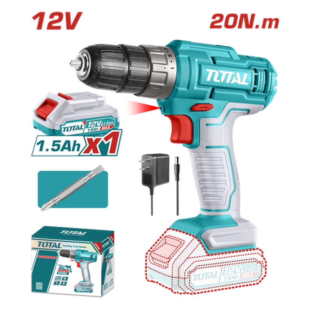 TALADRO INALAMBRICO  1/32-3/8  12V 20 N.M INCLUYE 1 BATERIA DE 1.5AH SUPER TOTAL (UTDLI1218)