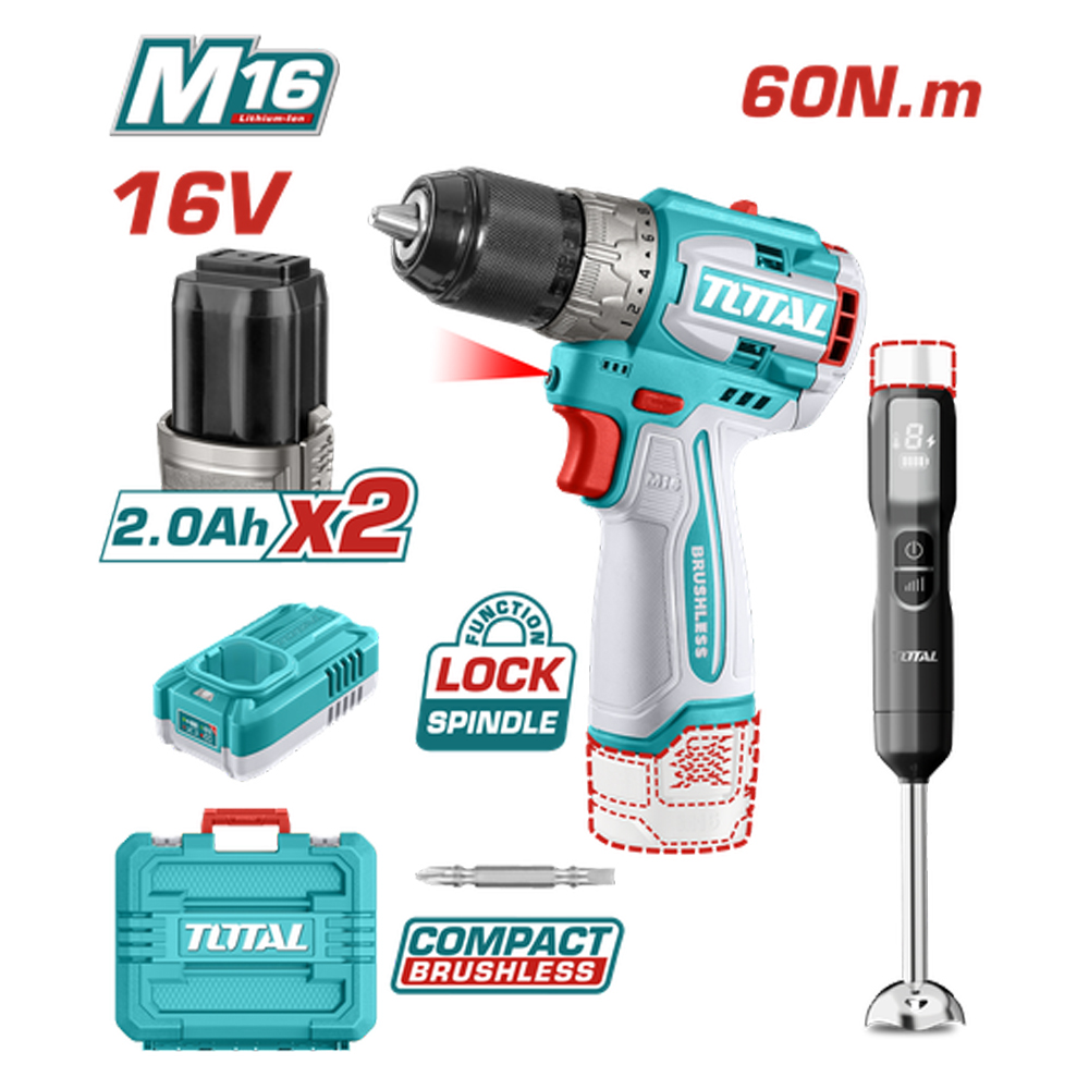 TALADRO INALAMBRICO 1/2 16V 60NM INCLUYE 2 BATERIAS 2,0AH + CARGODOR  + BATIDORA DE MANO INDUSTRIAL SUPER TOTAL (UTCKLI1628)