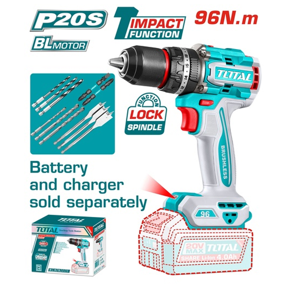 TALADRO INALAMBRICO 1/2 20V 96NM INCLUYE 11 PUNTA ACCESPRIOS BATERIA Y CARGADOR SE VENDE POR SEPARADO INDUSTRIAL SUPER TOTAL (TIDLI209681)