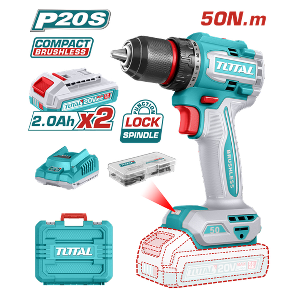 TALADRO INALAMBRICO 1/2" 50 NM 20V CAJA PLASTICA INCLUYE 2  BATERIA 2.0AH, 1 CARGADOR Y ACCESORIOS INDUSTRIAL SUPER TOTAL (UTDLI205062)