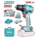 TALADRO INALAMBRICO 1/2" 50 NM 20V CAJA PLASTICA INCLUYE 2  BATERIA 2.0AH, 1 CARGADOR Y ACCESORIOS INDUSTRIAL SUPER TOTAL (UTDLI205062)