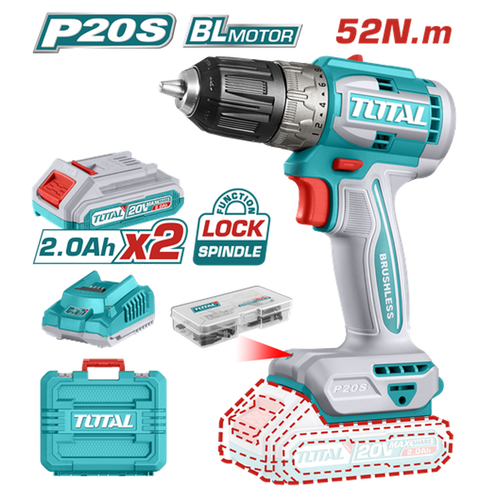 TALADRO INALAMBRICO 1/32 3/8" 20V 52NM INCLUYE 2 BATERIA DE 2.0AH, CARGADOR,47 ACCESORIOS TOTAL (UTDLI20453)